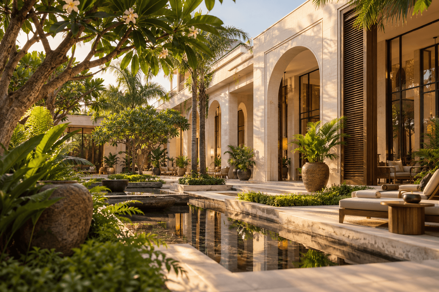 Concept photograph of a peaceful hotel courtyard with palms and sunlit archways