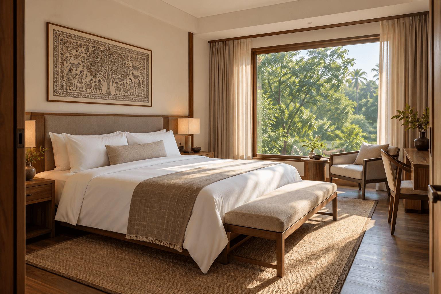 Concept bedroom with white linen, warm wood and a garden view