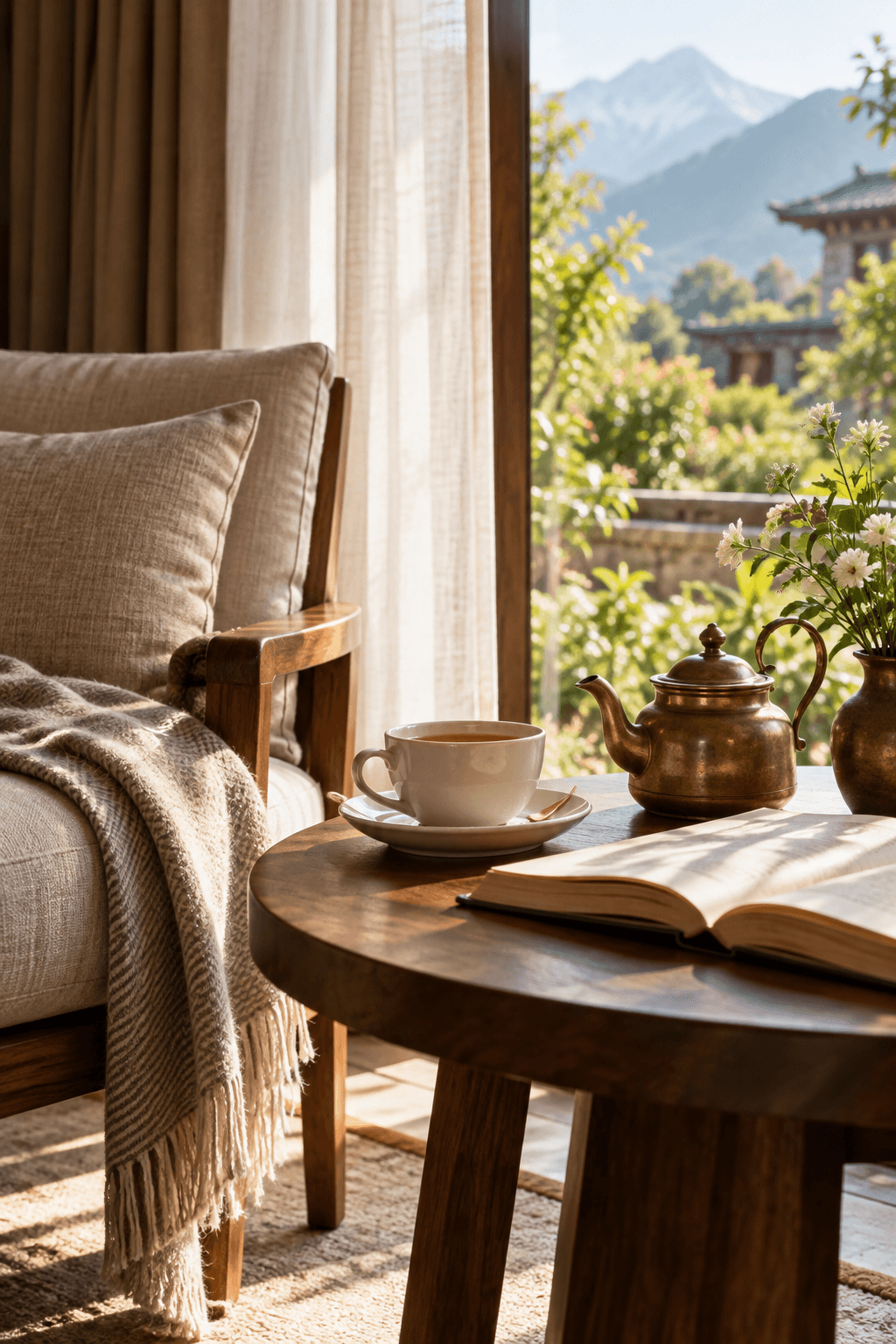 Concept photograph of tea and a book by a sunlit window