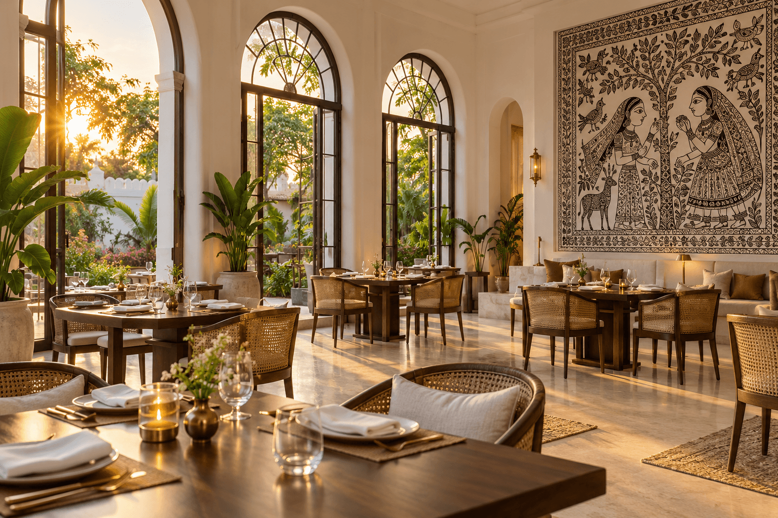 Concept photograph of the dining room with arched windows and set tables